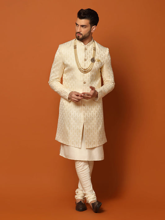 Cream Jacquard Sherwani Kurta Churidar Set