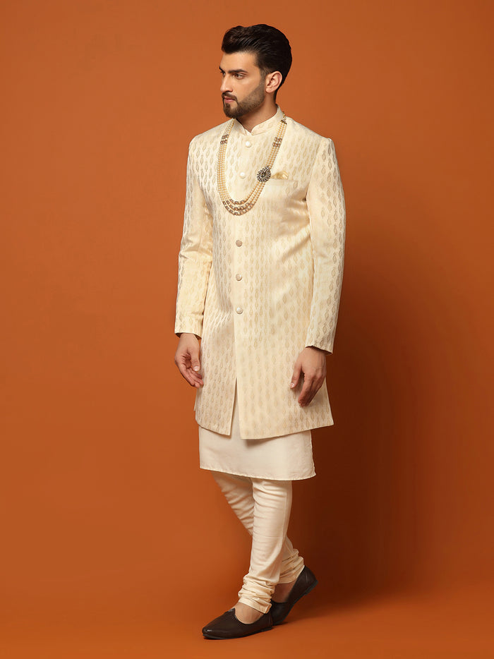 Cream Jacquard Sherwani Kurta Churidar Set