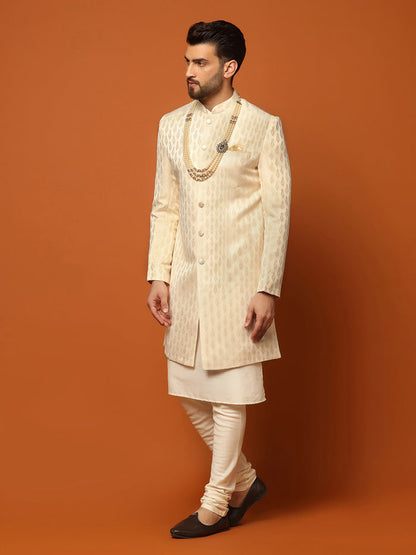 Cream Jacquard Sherwani Kurta Churidar Set