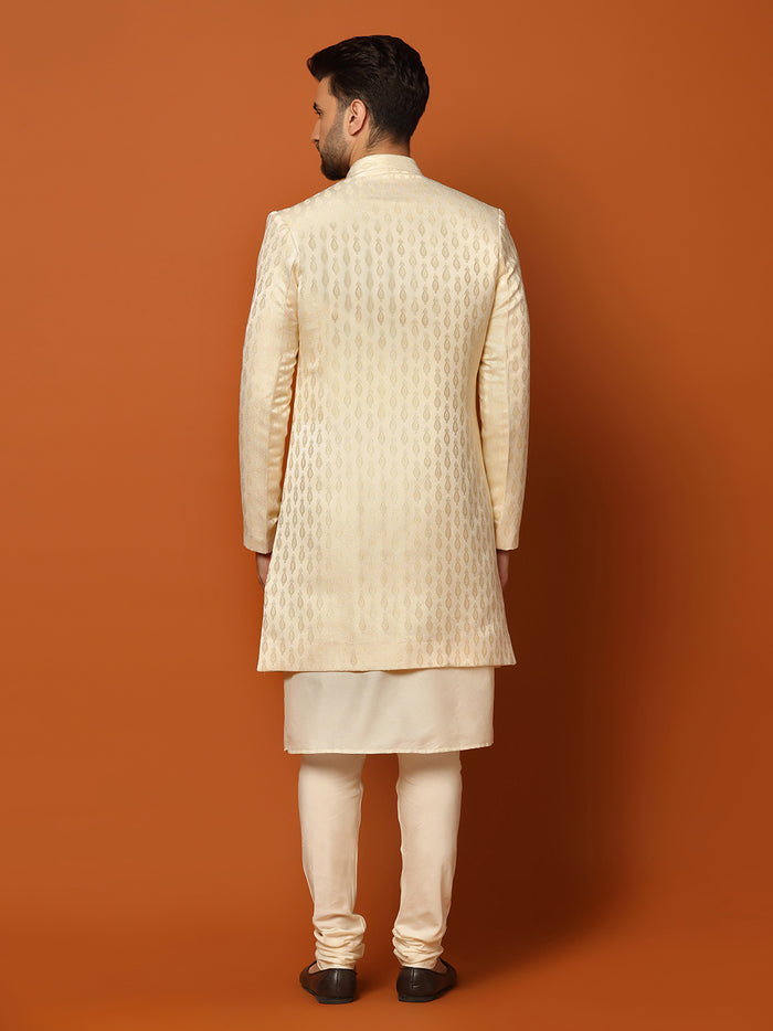 Cream Jacquard Sherwani Kurta Churidar Set