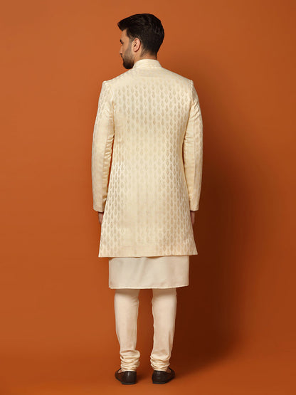 Cream Jacquard Sherwani Kurta Churidar Set