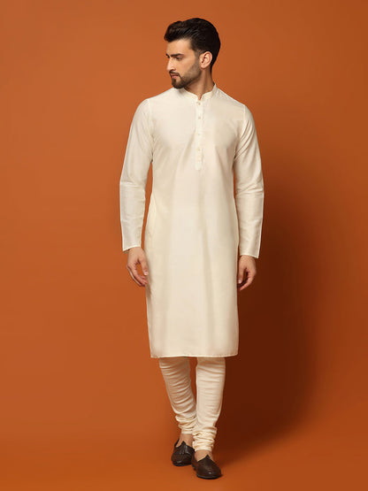 Cream Jacquard Sherwani Kurta Churidar Set