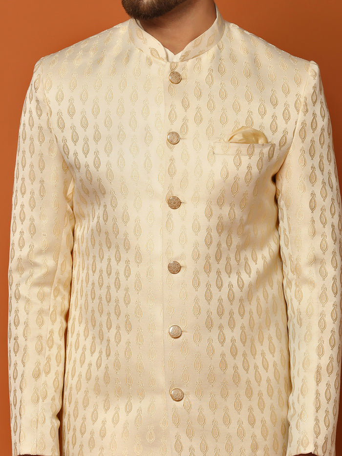Cream Jacquard Sherwani Kurta Churidar Set