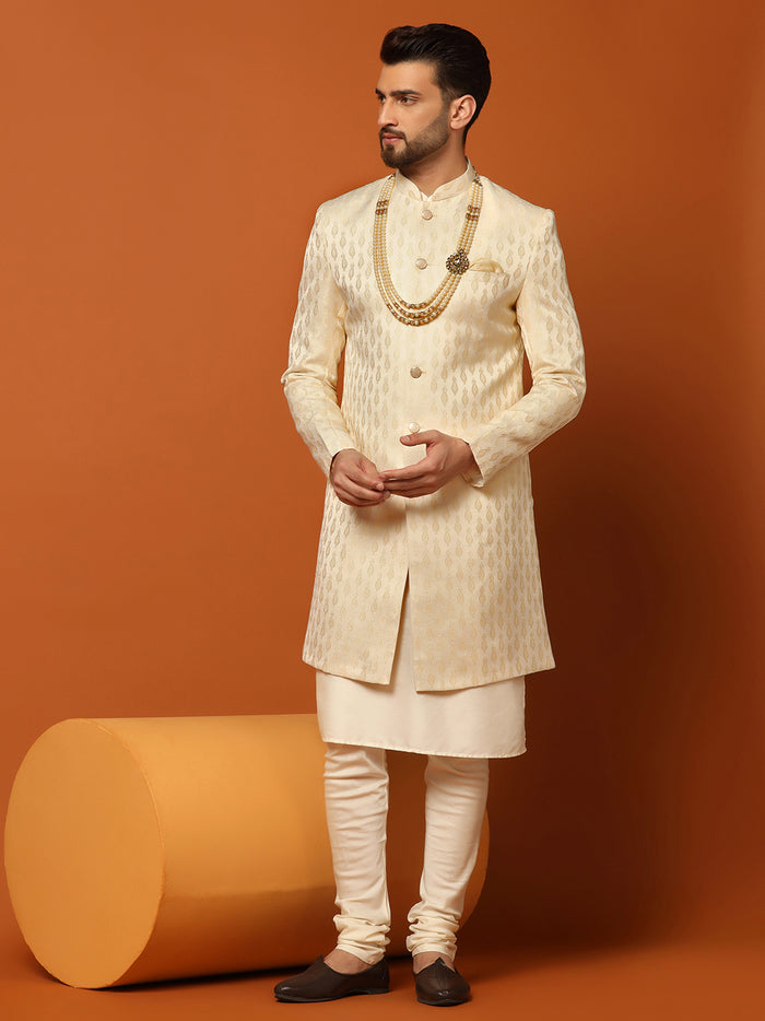 Cream Jacquard Sherwani Kurta Churidar Set