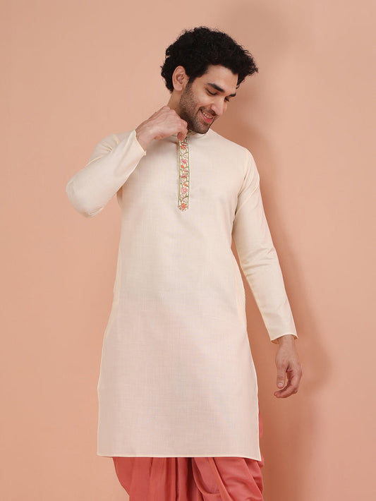 Cream Kurta with Embroidered Placket