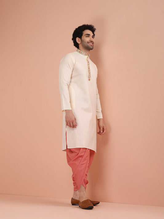 Cream Kurta with Embroidered Placket