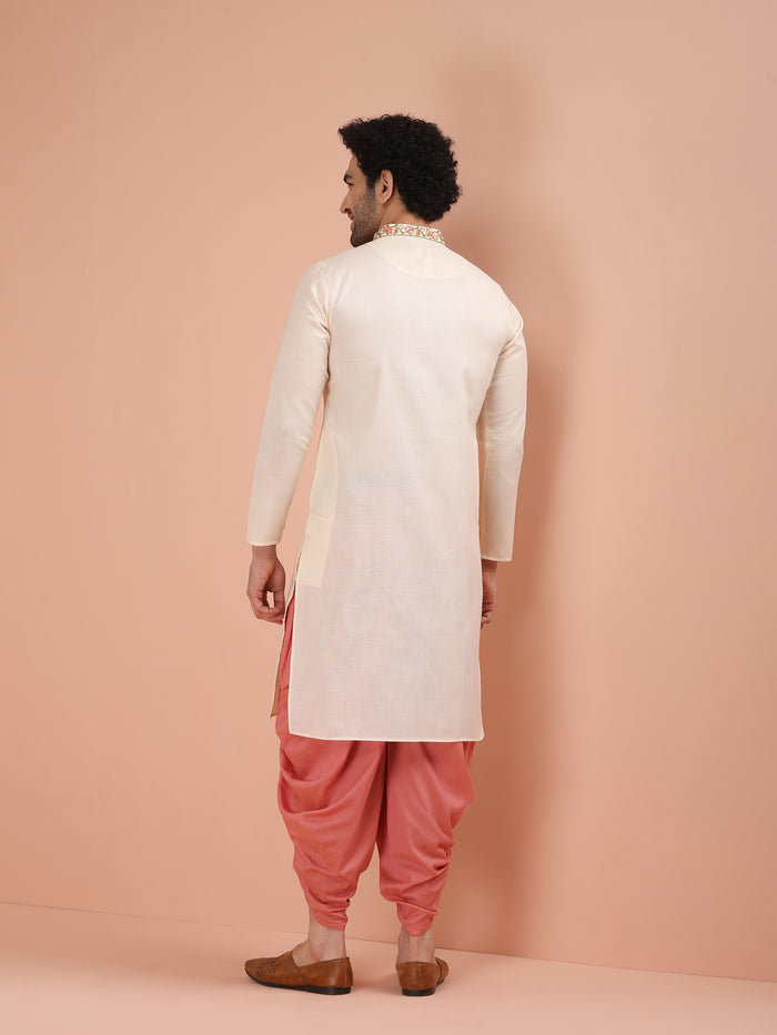 Cream Kurta with Embroidered Placket
