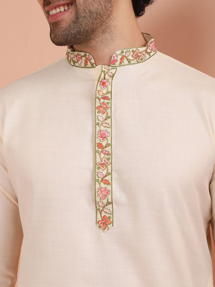 Cream Kurta with Embroidered Placket