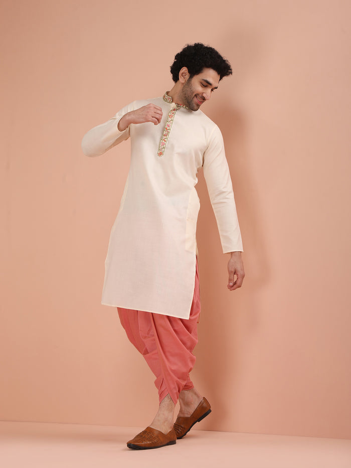 Cream Kurta with Embroidered Placket