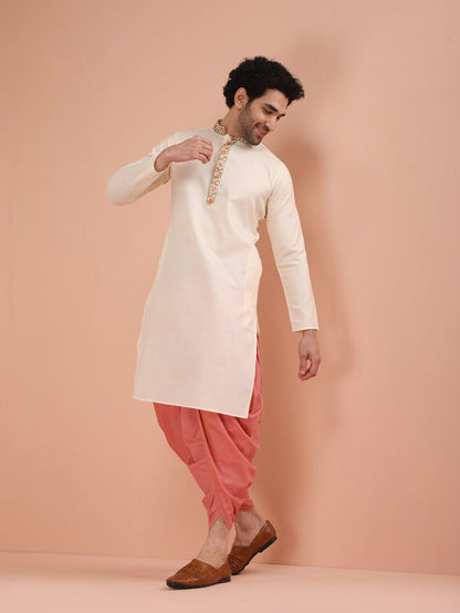 Cream Kurta with Embroidered Placket
