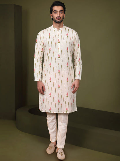 Cream Printed Cotton Silk Kurta Trouser Set
