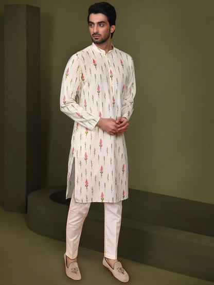 Cream Printed Cotton Silk Kurta Trouser Set