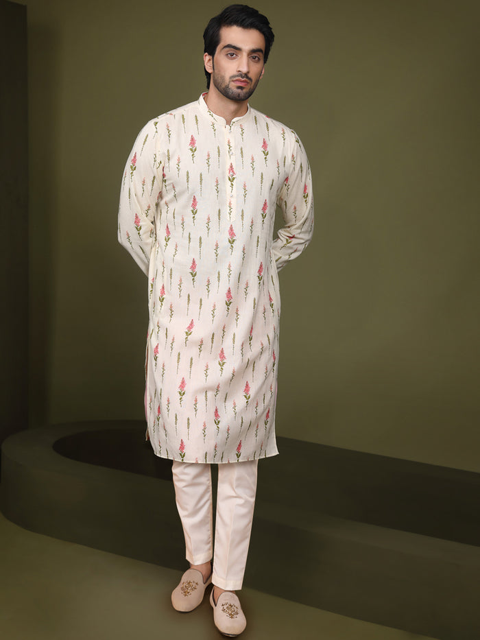 Cream Printed Cotton Silk Kurta Trouser Set