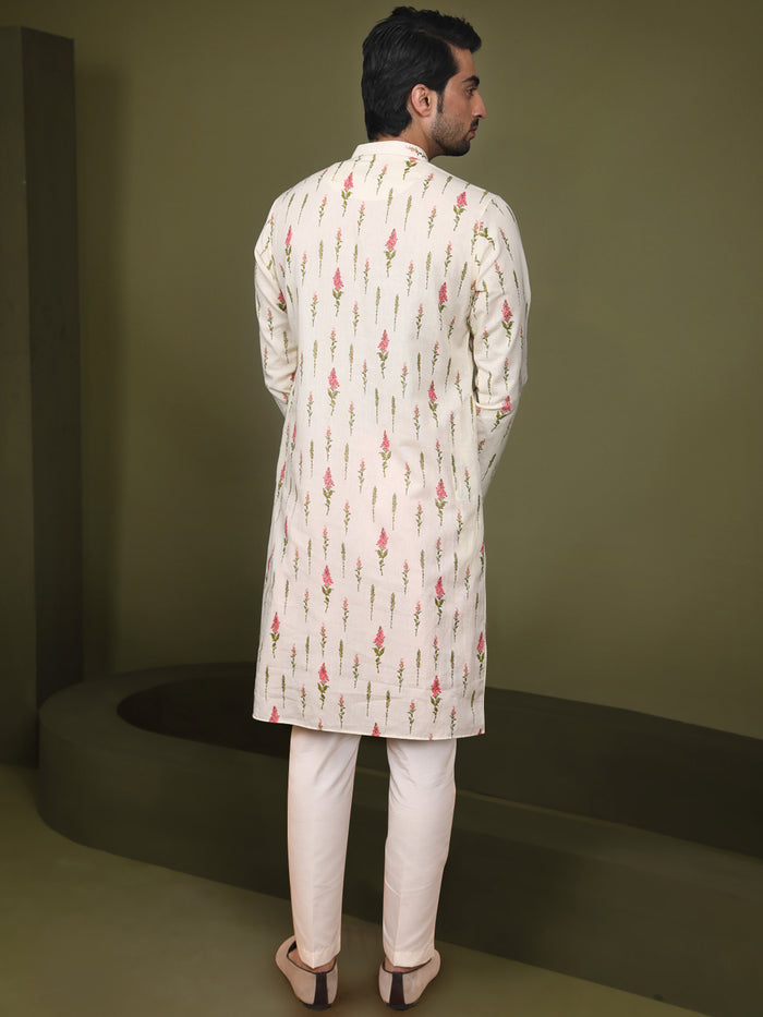 Cream Printed Cotton Silk Kurta Trouser Set