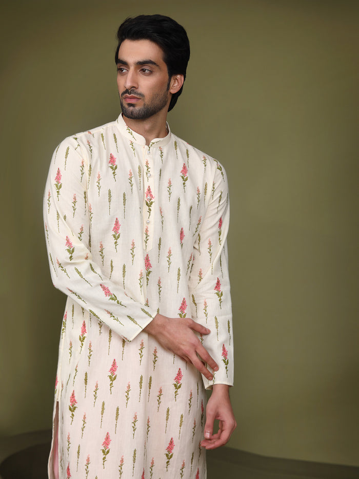 Cream Printed Cotton Silk Kurta Trouser Set