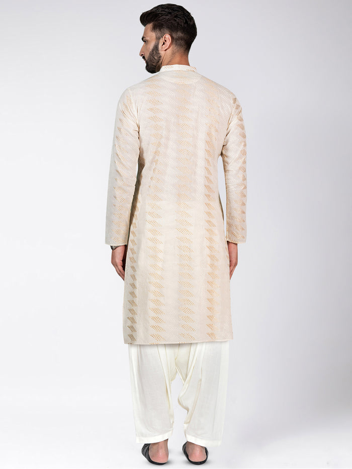 Cream Silk Blend Geometric Kurta Patiyala