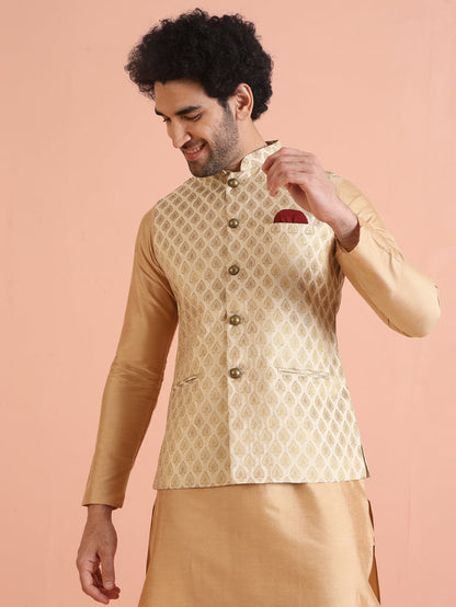 Cream Silk Blend Golden Jacquard Nehru Jacket