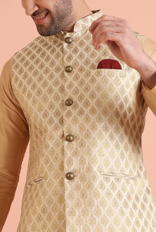Cream Silk Blend Golden Jacquard Nehru Jacket