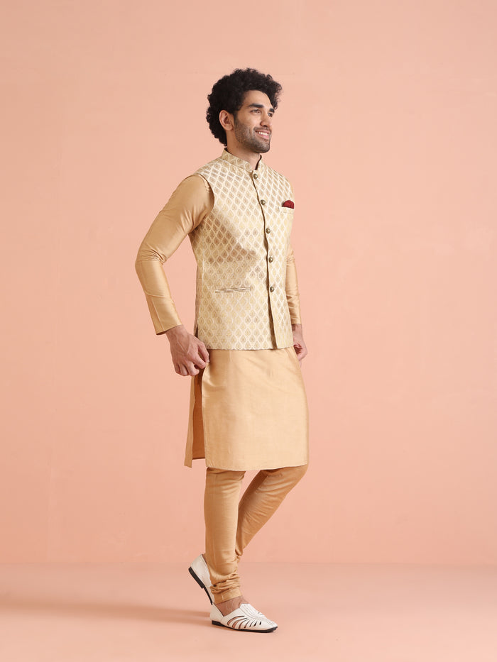Cream Silk Blend Golden Jacquard Nehru Jacket