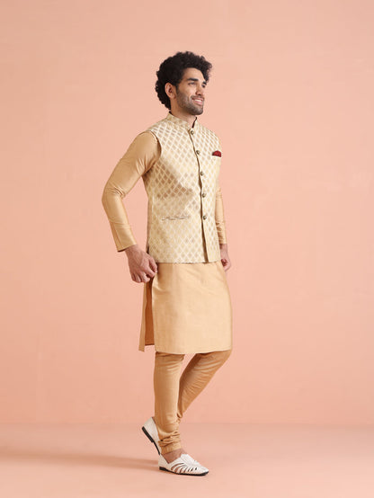 Cream Silk Blend Golden Jacquard Nehru Jacket