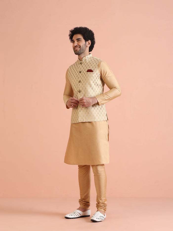 Cream Silk Blend Golden Jacquard Nehru Jacket