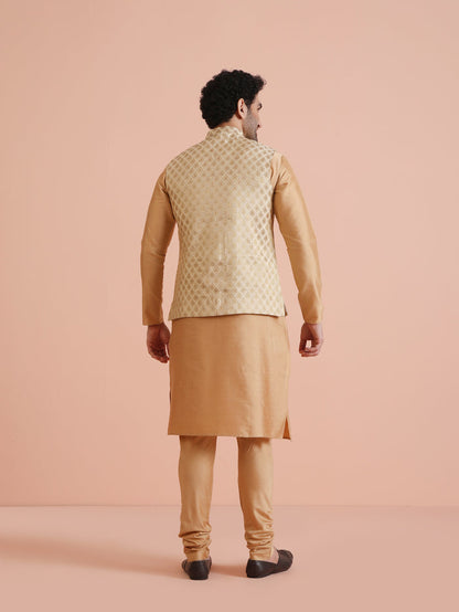 Cream Silk Blend Golden Jacquard Nehru Jacket