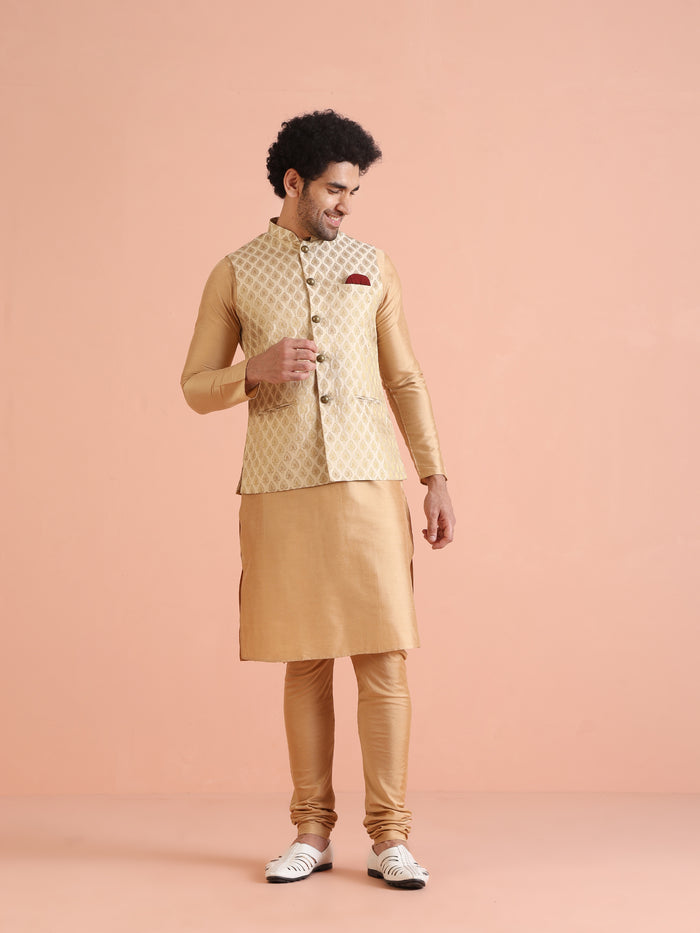 Cream Silk Blend Golden Jacquard Nehru Jacket