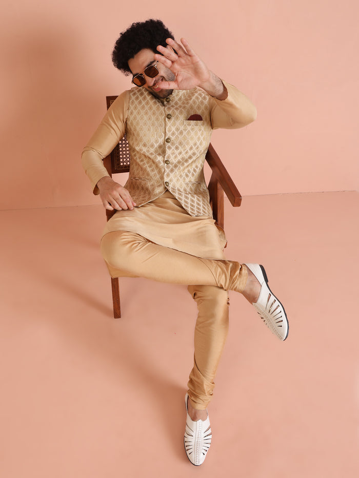 Cream Silk Blend Golden Jacquard Nehru Jacket