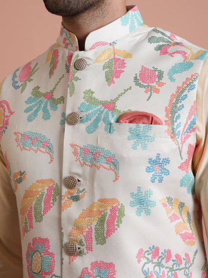 Cream Silk Blend Multicolor Floral Printed Nehru Jacket