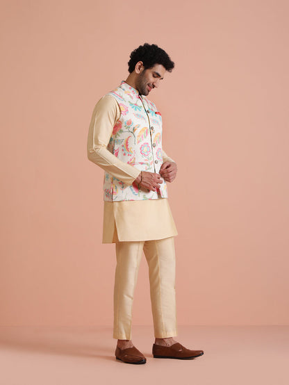 Cream Silk Blend Multicolor Floral Printed Nehru Jacket