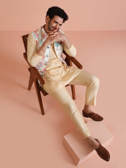 Cream Silk Blend Multicolor Floral Printed Nehru Jacket