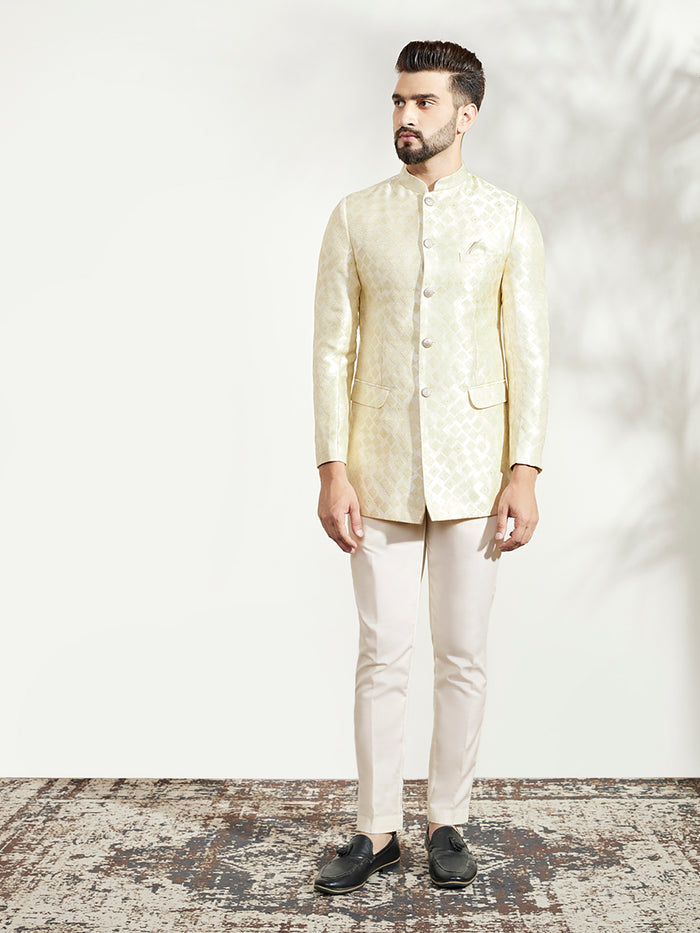 Cream Silk Blend Textured Jodhpuri Bandhgala Set