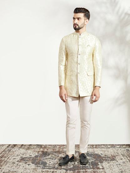 Cream Silk Blend Textured Jodhpuri Bandhgala Set