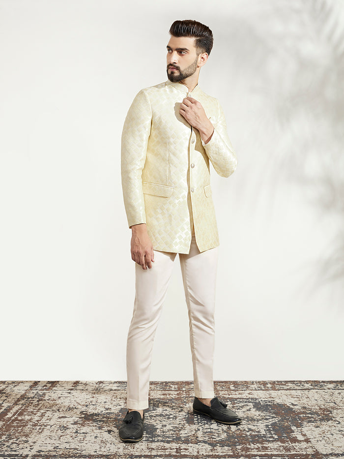 Cream Silk Blend Textured Jodhpuri Bandhgala Set