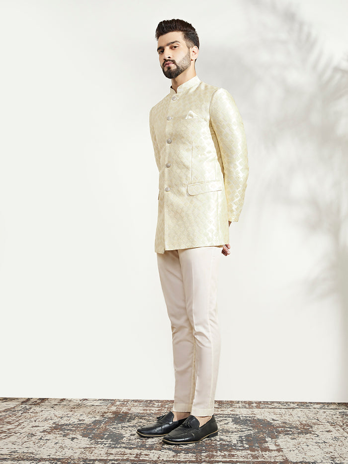 Cream Silk Blend Textured Jodhpuri Bandhgala Set