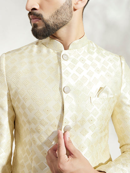 Cream Silk Blend Textured Jodhpuri Bandhgala Set