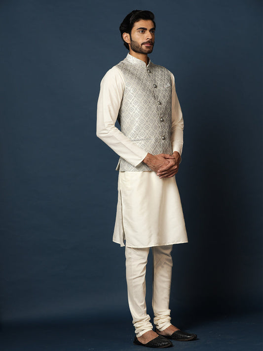 Cream Silk Blend Woven Nehru Jacket Kurta Churidar Set