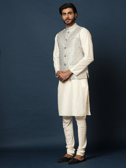 Cream Silk Blend Woven Nehru Jacket Kurta Churidar Set