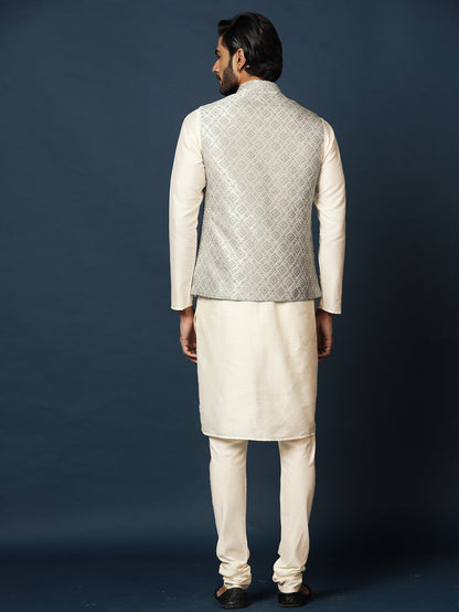 Cream Silk Blend Woven Nehru Jacket Kurta Churidar Set