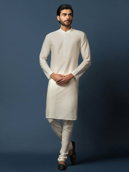 Cream Silk Blend Woven Nehru Jacket Kurta Churidar Set