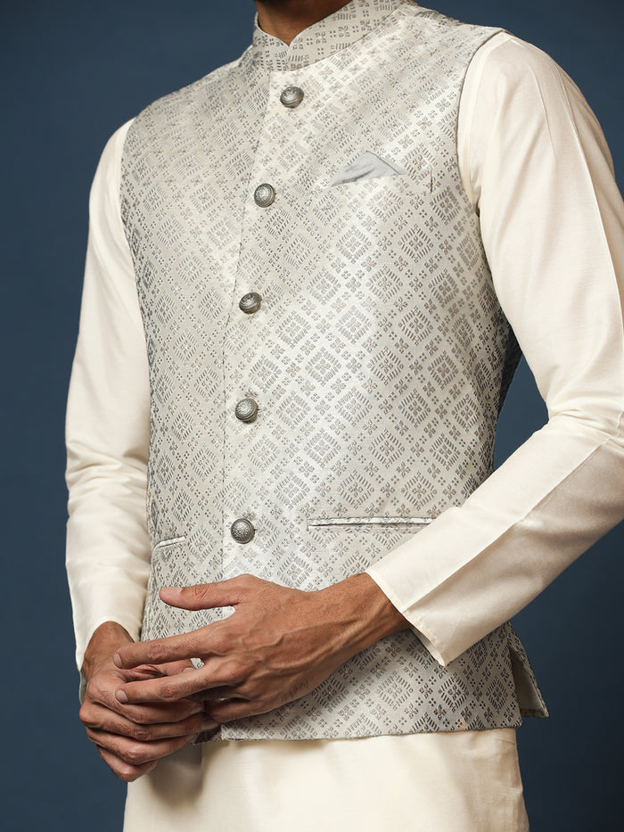 Cream Silk Blend Woven Nehru Jacket Kurta Churidar Set