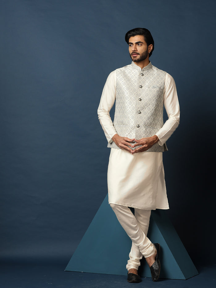 Cream Silk Blend Woven Nehru Jacket Kurta Churidar Set