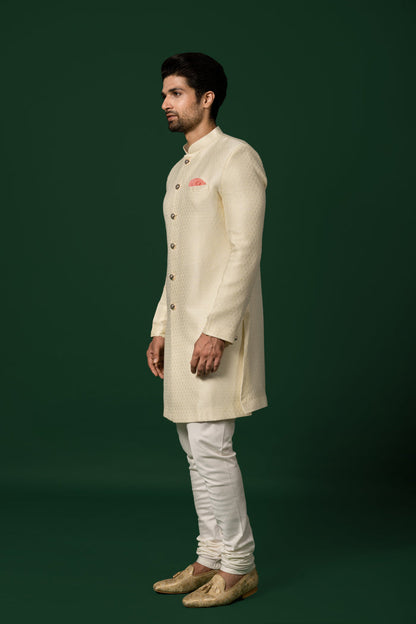 Cream Textured Sherwani with Churidar