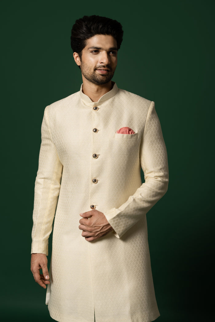 Cream Textured Sherwani with Churidar
