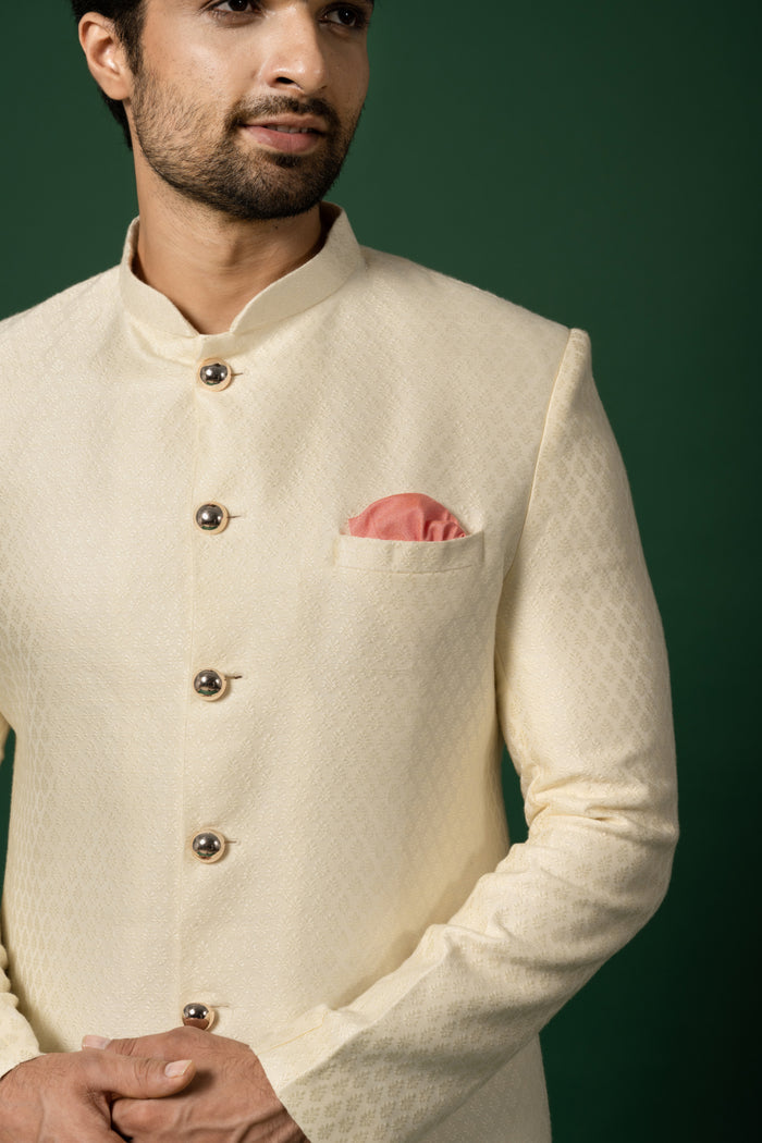 Cream Textured Sherwani with Churidar