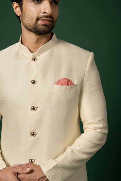 Cream Textured Sherwani with Churidar