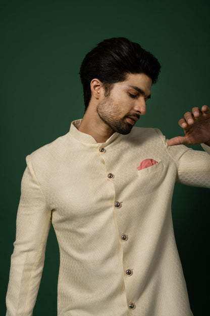 Cream Textured Sherwani with Churidar