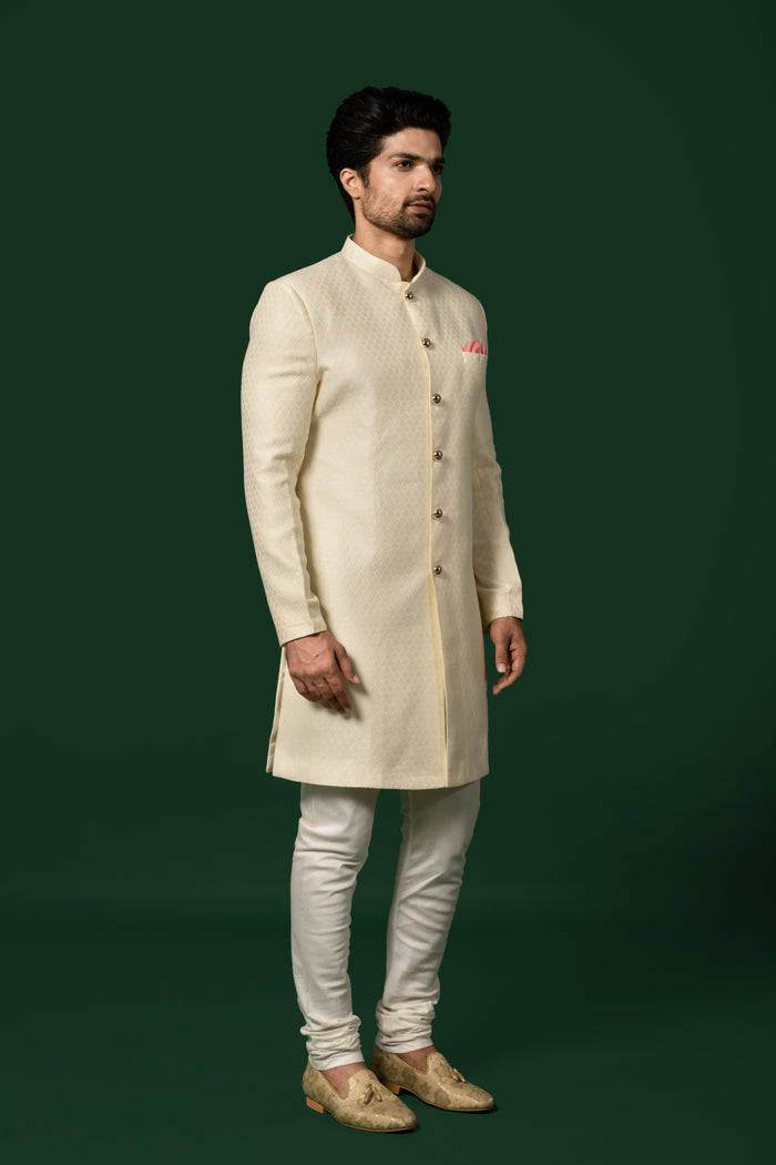 Cream Textured Sherwani with Churidar