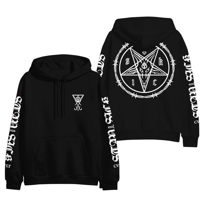 Stay Sick Clothing black hoodie with white occult-style symbols: small goat head pentagram on chest, large barbed wire pentagram with goat’s head on back, and bold white text design on sleeves.