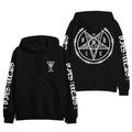Stay Sick Clothing black hoodie with white occult-style symbols: small goat head pentagram on chest, large barbed wire pentagram with goat’s head on back, and bold white text design on sleeves.